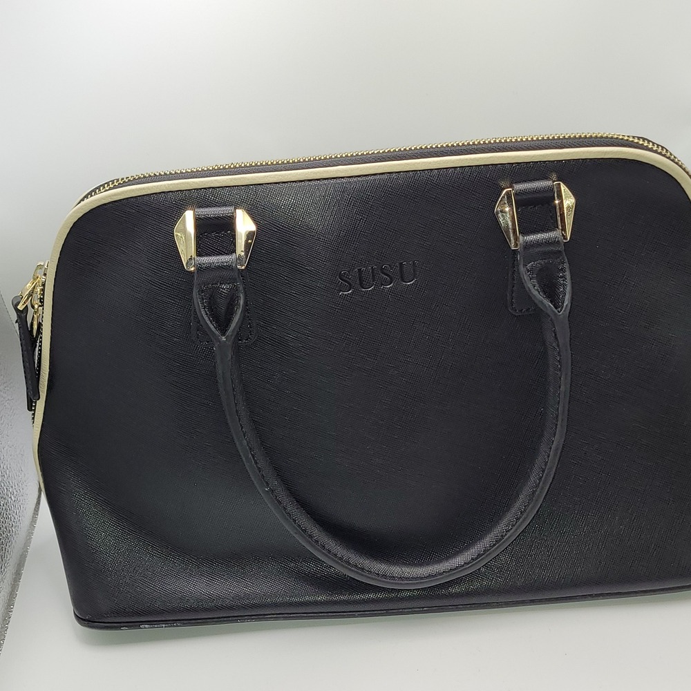 Susu Black Saffiano Leather Dome Satchel Handbag Cream Trim Gold Hardware Womens